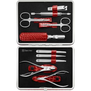 Manicureset (10-Delig, Complete Set Voor Vingernagels en Teennagels, Echt Lederen Etui Met Metalen Frame) - Gepolijst Roestvrij Staal, Krokodillenuitvoering, Rood