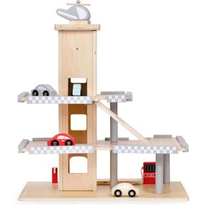 Speelgoed garage - hout - met lift en voertuigen - 43x29,5x44cm