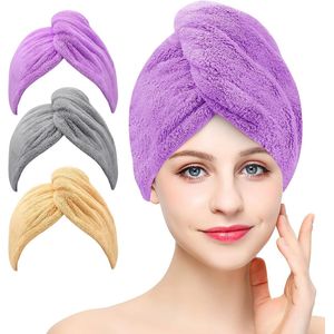 Haar Drogen Handdoeken - 3 Stuks - microvezel - met knopen en lus - superabsorberende - Grijs, Khaki en Purper