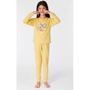 Woody pyjama meisjes/dames - mosterdgeel fijn gestreept - mandrill aap - 221-1-PZB-Z/964 - maat 164