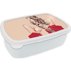 Broodtrommel Wit - Lunchbox - Brooddoos - Vrouw - Portret - Pastel - Rood - 18x12x6 cm - Volwassenen