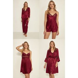Women 6 Pack Bordeaux Bride Wedding Satin Lingerie Set-Dames 6 stuk Satijn Pyjama set-maat L