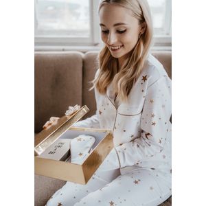 Sterren pyjama set dames–klassiek shirt& korte broek–handgeschilderde print–100% Katoensatijn–wit–maat L