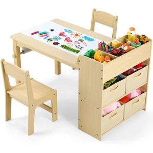 Kindertafel - Kinderkunsttafel en 2 Stoelenset - Kindertafel en Stoeltjes - Ruime Knutseltafel - voor Tekenen - Activiteiten - Studeren - Ideaal Houten Meubilair - met Opbergplanken