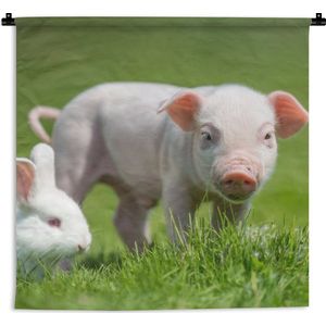 Wandkleed - Wanddoek - Biggetje - Konijn - Dieren - 90x90 cm - Wandtapijt