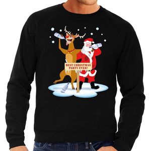 Foute kersttrui/sweater - dronken kerstman en rendier Rudolf -na kerstborrel/ feest - zwart voor heren S