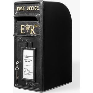 Zwarte brievenbus - ER brievenbus met slot - wandbevestiging/pilaarbevestiging brievenbus - afsluitbare verzenddoos Royal Mail - duurzame gietijzeren postdoos (zwart)