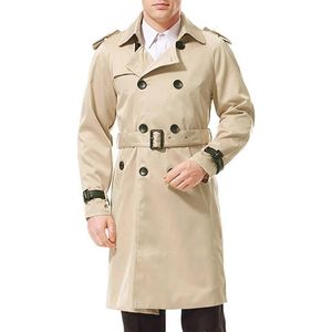 Heren Trenchcoat - Lang, Slim Fit, Dubbele Rij, Militair Stijl, Met Riem voor Herfst en Lente