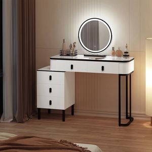 Kaptafel - Make Up Tafel - Met LED Verlichting - Spiegel - 5 Lades - Opbergruimte - Zwart Wit -