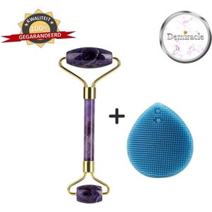 Demiracle Amethist Face Roller met Blauwe Siliconen Gezichtsborstel - Cadeau - Gezichtsroller - Massage Roller - Jade Roller - Rimpelverwijdering - Ontspanning - Kwaliteit