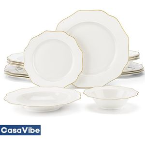 CasaVibe Serviesset – 16 delig – 4 persoons – Porselein - Luxe – Bordenset – Dinner platen – Dessertborden - Wit Goud