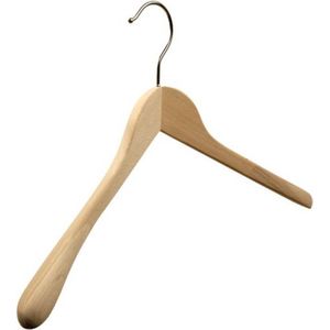 [Set van 5] Mooi vormgegeven ongelakte houten garderobe- / kledinghangers met een dikke matzilveren haak en brede schouders perfect voor jassen, truien, vesten en colberts