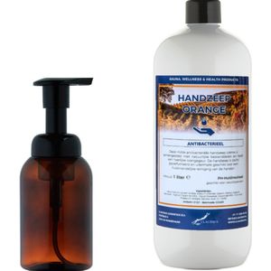 Zeepdispenser 300 ml amber bruin hervulbaar + 1 liter Handzeep Orange navulling