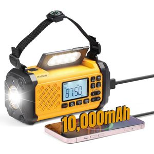 Draagbare noodradio - 10000mAh Zonnesolar handkraan, AM/FM/kortegolven/VHF, leeslamp, kompas, SOS-alarm, telefoonlader, Geschikt voor buiten overleving