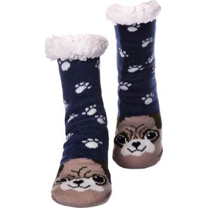 JAXY - Huissokken Dames - Verwarmde Sokken - Anti Slip Sokken - Huissokken - Bedsokken - Warme Sokken - Kerstcadeau Voor Vrouwen - Thermosokken - Dikke Sokken - Fluffy Sokken - Kerstsokken Dames en Heren - Hond Blauw