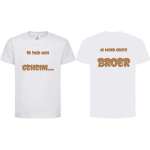 Shirt Aankondiging zwangerschap ""Ik heb een GEHEIM..."" op voorkant ""Ik word grote BROER"" op achterkant | korte mouw | Wit/cappuccino | maat 98/104 zwangerschap aankondiging bekendmaking Baby big bro brother Grote Broer