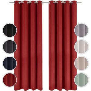 Verduisteringsgordijnen, set van 2 thermische gordijnen, bescherming tegen kou, ondoorzichtig, met ingestanste ringen, thermogordijnen met lussen, raamgordijn, 138 x 117 cm, rood