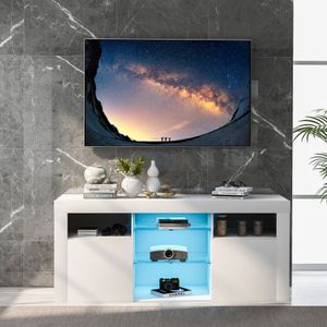 LED TV-meubel, TV-tafel, TV-meubel met 2 kasten met deuren en 5 open planken, 16-kleuren LED-verlichting, TV-meubel voor maximaal 55 inch TV's, wit 120*35*50cm