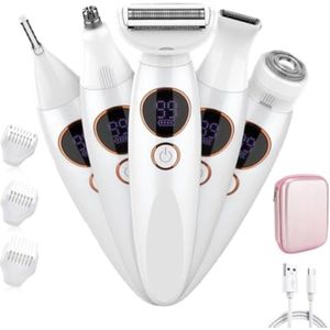 Elektrisch scheerapparaat voor dames 5-in-1 intiem scheerapparaat oplaadbaar USB nat en droog lichaamstrimmer gezicht ontharen pijnloos