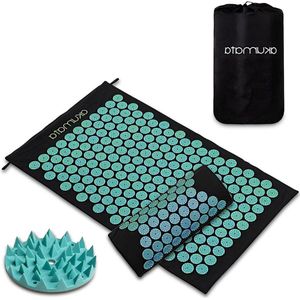 Regelmatige Maat Acupressuurset Massagemat met Nekkussen - Diepe Ontspanning Acupunctuur - Zwart & Mint