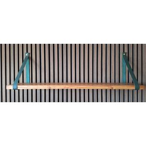Hoexs - Acacia Hout - 70 Cm - Leren Plankdragers Groen - Inclusief Luxe Bevestigingsmateriaal - Vintage Plank- Boekenrek