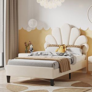 Gestoffeerd bed met bloemvormig hoofdbord en lattenbodem 90x200 cm, Kinderbed, Eenpersoonsbed, Prinsessenbed, Fluweel, Beige. zonder matras