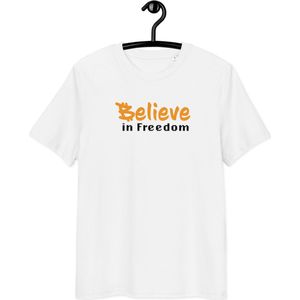 Bitcoin T-shirt - Believe in Freedom - Unisex - 100% Biologisch Katoen - Wit - Maat M | Bitcoin cadeau| Bitcoin T-shirt| Bitcoin Shirt| Bitcoin Merch| Bitcoin Merchandise| Bitcoin Kleding