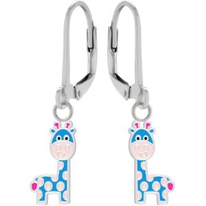 Oorbellen meisje | Zilveren kinder oorbellen | Zilveren oorhangers, blauwe giraf met roze vlekken