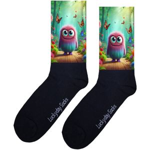 Luckyday Socks - Unisex sokken - Roze monstertje - Vlinders - cadeau sokken - Maat 37-44