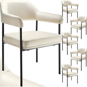 tectake® Eetkamerstoel met Armleuning - Fluweelzachte stof - Doé – Gestoffeerd met Stalen Poten - set van 6 - offwhite