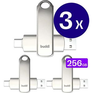 Buddi - Dual Geheugenstick - Grijs - 3-Pack - 256GB - USB-C en USB-A - USB 3.1