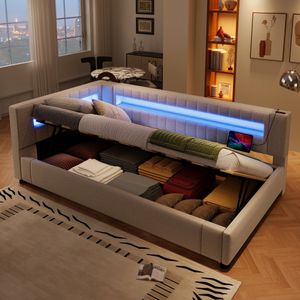 Gestoffeerd bed met opbergruimte - 90x200 cm - met LED-verlichting - Eenpersoonsbed - zonder matras - USB TYPE-C - beige