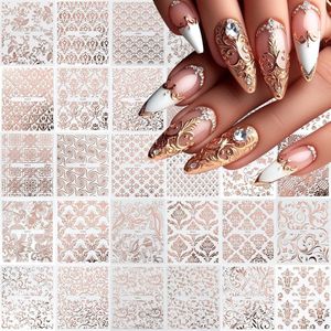 30 Sheets Bloemige Nagelstickers - Kant Bloemen Nagelstickers - Roze Gouden Kant - Bloemige Klimop - Zelfklevende Nagelstickers - Onregelmatige Geometrische Vorm