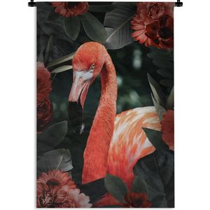 Wandkleed FlamingoKerst illustraties - Een flamingo tussen de bloemen en bladeren Wandkleed katoen 120x180 cm - Wandtapijt met foto XXL / Groot formaat!