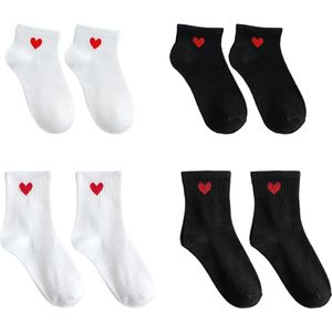 E-Ambar - Rode liefdessokken voor dames, hartvormig design in combinatie van korte en middelgrote modieuze sokken - zwart, wit.