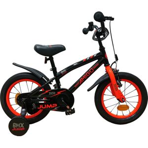 AMIGO BMX Jump Jongensfiets 14 Inch - Kinderfiets voor 3 tot 5 Jaar - 95-110 cm - Met Zijwieltjes - Zwart/Oranje