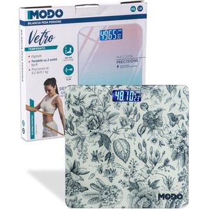 Ultradunne digitale personenweegschaal met step-on technologie en bloemendesign – Nauwkeurige weegschaal van gehard glas tot 180 kg