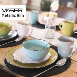 Metallic Rim, moderne serviesset voor 4 personen met messing rand, 16-delig combiservies met randloze coupe-vormen, kleurrijk, steengoed