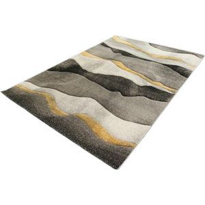 Vloerkleed - Golfjes Design - Diamond Deluxe - Goud-Grijs-80 x 150 cm