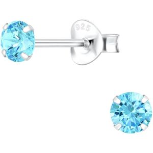 Joy|S - Zilveren oorbellen - 4 mm - aqua turquoise blauw - ronde oorknoppen - zirkonia