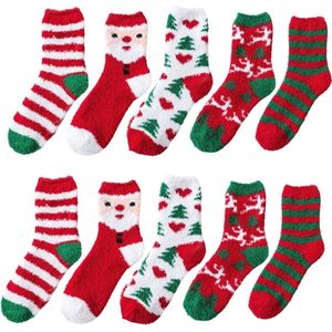 Kerstsokken - 5 Paar - Huissokken Dames - Christmas Socks - Verwarmde Sokken - Anti Slip Sokken - Bedsokken - Warme Sokken - Kerstcadeau Voor Vrouwen - Kleurrijke Sokken - Vrolijk Sokken - One Size - Dikke - Sokken - Fluffy Sokken - Kerstboom - Kerst