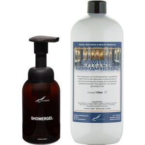 Zeepdispenser 300 ml amber bruin hervulbaar + 1 liter Showergel Hammam Herbal navulling