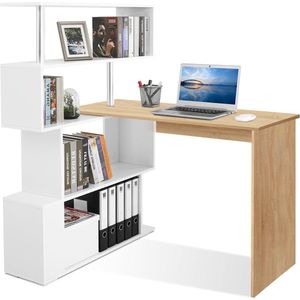 Hoekbureau Meerveil Computertafel L-vormig met boekenkast - werkkamer woonkamer kantoor - 157 x 45 x 1305 cm - eiken tafeblad - wit rek Hoekbureau