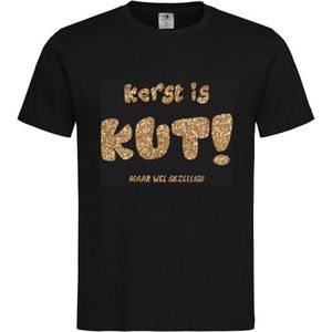 T-shirt Unisex Volwassenen Kerst Kerstmis Man Vrouw Grappig Tekst ""Kerst is KUT maar wel gezellig!!"" Op Voorkant | korte mouw | Zwart/Goud GLITTER | maat XXL