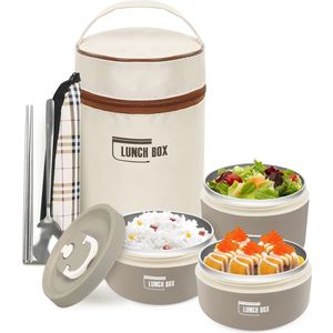 Lunchbox met zak, lekvrije voedselcontainer met keukengerei, 304 thermische voedseldoos van roestvrij staal, magnetron-/vriezerbestendig (3 lunchboxen, bruin)