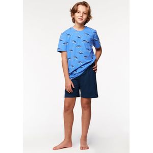 Woody pyjama jongens/heren - blauw - walvis all-over print - 231-2-QPA-Z/928 - maat 140