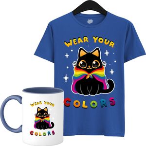 Schattige Pride Vlag Kat - Unisex T-Shirt Mannen en Vrouwen - LGBTQ+ Suporter Kleding - Gay Progress Pride Shirt - Rainbow Community - T-Shirt met mok - Unisex - Royal Blauw - Maat XXL