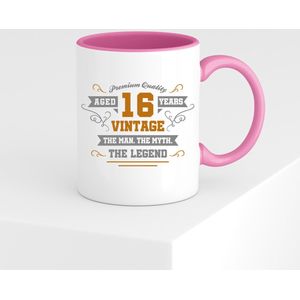 16 Jaar Legend Abraham Mok met tekst | Goud - Zilver | Grappig Verjaardag Beker Cadeau | Bedrukte Mokken | Roze | 330 ML