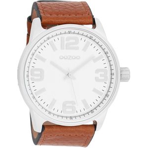 OOZOO Timepieces - Zilverkleurige horloge met cognac leren band - C7091