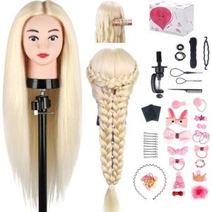 Kappers Training Hoofd 24 Inch 80% Echt Haar Mannequin Cosmetologie Poppenhoofd Haarstyling met klemstandaard en accessoires Blond Geschikt voor rechttrekken Curling Perming